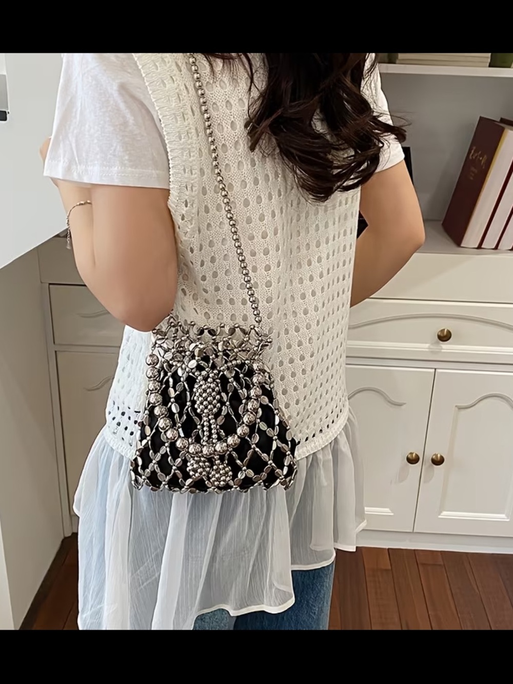 Affordable Fashion Finds Black Beaded Mesh Mini Drawstring Bag - Picture 2 of 4